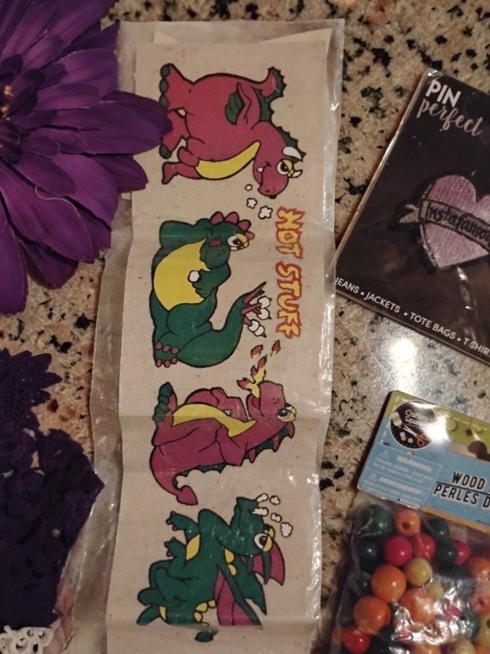 NWT Craft Lot: Wood Beads, Lace Appliques, T-Shirt Transfer, Purple Hair Flower